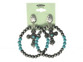 AE4485-SBTQ Beaded Hoop earrings with cross accents and Turquoise stones