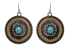 AE4565-BRTQ Western Concho Style Earrings With Turquoise Stone and Brown Suede