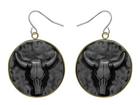 AER4666 Attitude by Montana Silversmith, Set of black longhorn on silver disk earrings with fishhook back