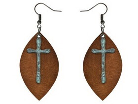 AER4867 ATTITUDE Earrings with Leather Tear Drop and Cross Accent