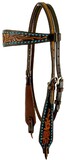 Showman AK-305 Argentina cow leather two-tone browband headstall with floral tooling and turquoise rawhide braid