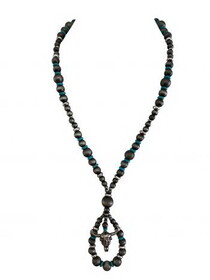 AN2616-SBTQ 24" Silver beaded and turquoise beaded necklace set with steer head charm