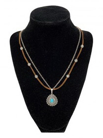 AN2764-SBMT 18" leather necklace with silver beads and chain with a concho charm