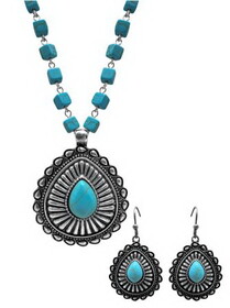 AS6695-SBTQ Western Concho Pendant Cube Beaded Necklace and Earrings Set