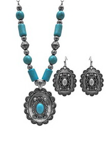 AS6749-SBTQ Western Statement Silver Tone Turquoise Stone Necklace and Earrings Set