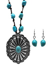 AS6775-SBTQ Western Statement Turquoise Stone Necklace and Earrings Set