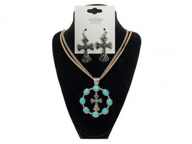 AS6819-SBTQ Turquoise cross earring and round necklace set