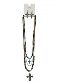 AS6830-SBTQ Turquoise cross earring and beaded necklace set