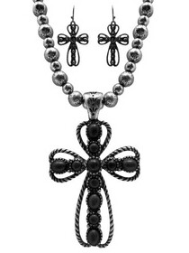 AS6842-SBBK Western Statement Silver Cross Necklace and Earrings Set