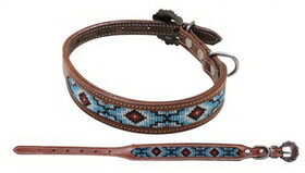 Showman Couture DC-02 Beaded inlay leather dog collar with copper buckle - teal and black