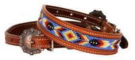 Showman Couture DC-23 Beaded inlay leather dog collar with copper buckle - periwinkle, red, and yellow
