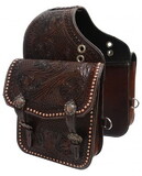 Showman SB-56 Tooled dark oil leather saddle bag with engraved antique bronze conchos and buckles