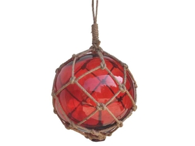 Handcrafted Model Ships 12 Red Glass - Old Red Japanese Glass Ball Fishing Float With Brown Netting Decoration 12"