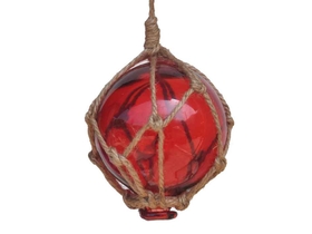 Handcrafted Model Ships 3 Red Glass - Old Red Japanese Glass Ball Fishing Float With Brown Netting Decoration 3"