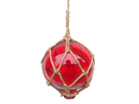 Handcrafted Model Ships 4 Red Glass - Old Red Japanese Glass Ball Fishing Float With Brown Netting Decoration 4"
