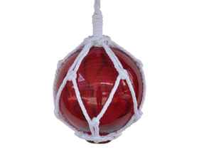 Handcrafted Model Ships 6 Red Glass - NEW Red Japanese Glass Ball Fishing Float With White Netting Decoration 6"