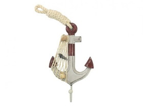 Handcrafted Model Ships Anchor-302-H Wooden Rustic Decorative Red and White Anchor with Hook 7&quot;