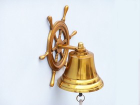 Handcrafted Model Ships BL-2026-1-BR Brass Plated Hanging Ship Wheel Bell 7"