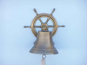Handcrafted Model Ships Bl-2026-2-AN Antique Brass Hanging Ship Wheel Bell 8"