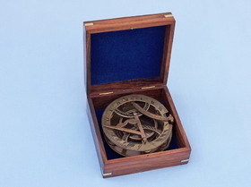Handcrafted Model Ships CO-0564-AN Antique Brass Round Sundial Compass with Rosewood Box 6"