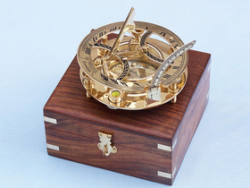 Handcrafted Model Ships CO-0564 Solid Brass Round Sundial Compass w/ Rosewood Box 6"