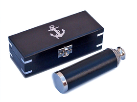 Handcrafted Model Ships FT-0224NL Deluxe Class Captain's Chrome - Leather Spyglass Telescope 14" with Black Rosewood Box