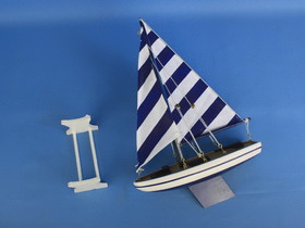 Handcrafted Model Ships it-floats-12-blue-stripes Wooden It Floats 12" - Rustic Blue Striped Floating Sailboat Model