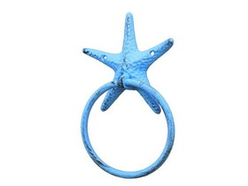 Handcrafted Model Ships k-0102d-solid-light-blue Rustic Light Blue Cast Iron Starfish Towel Holder 8.5"