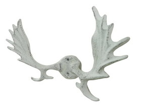 Handcrafted Model Ships K-0333-w Whitewashed Cast Iron Moose Antlers Decorative Metal Wall Hooks 9"