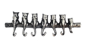 Handcrafted Model Ships K-0458A-Silver Rustic Silver Cast Iron Cat Wall Hooks 13"