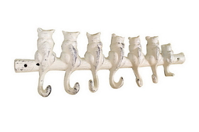 Handcrafted Model Ships K-0458A-W Whitewashed Cast Iron Cat Wall Hooks 13"