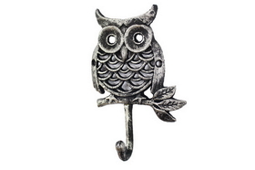 Handcrafted Model Ships K-0613-Silver Rustic Silver Cast Iron Owl Hook 6"