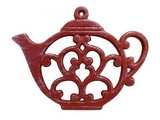 Handcrafted Model Ships K-0705-WW-Red Rustic Red Whitewashed Cast Iron Round Teapot Trivet 8