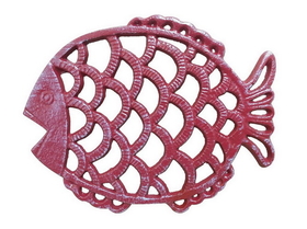 Handcrafted Model Ships K-0719-WW-Red Rustic Red Whitewashed Cast Iron Big Fish Trivet 8"
