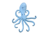 Handcrafted Model Ships K-0754-blue Rustic Dark Blue Whitewashed Cast Iron Wall Mounted Decorative Octopus Hooks 7"