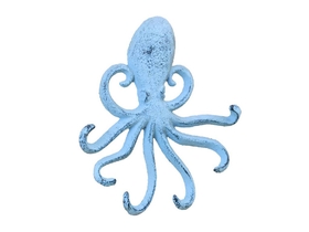 Handcrafted Model Ships K-0754-blue Rustic Dark Blue Whitewashed Cast Iron Wall Mounted Decorative Octopus Hooks 7&quot;