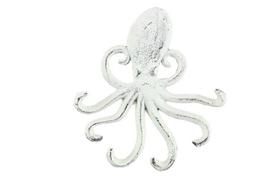 Handcrafted Model Ships K-0754-W Rustic Whitewashed Cast Iron Wall Mounted Decorative Octopus Hooks 7&quot;