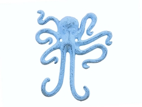 Handcrafted Model Ships K-0878-blue Rustic Dark Blue Whitewashed Cast Iron Decorative Wall Mounted Octopus Hooks 6"