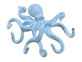 Handcrafted Model Ships K-0942-blue Rustic Dark Blue Whitewashed Cast Iron Octopus Hook 11"