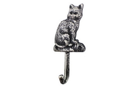 Handcrafted Model Ships K-0974-Silver Rustic Silver Cast Iron Cat Hook 7"