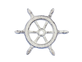 Handcrafted Model Ships K-1293-W Whitewashed Cast Iron Ship Wheel Decorative Paperweight 4"
