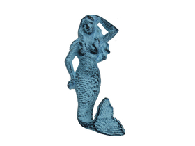 Handcrafted Model Ships K-516-light-blue Rustic Light Blue Whitewashed Cast Iron Mermaid Hook 6&quot;