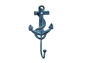 Handcrafted Model Ships K-665-dark-blue Rustic Dark Blue Whitewashed Cast Iron Anchor Hook 7&quot;