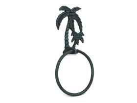 Handcrafted Model Ships K-9009-seaworn Seaworn Blue Cast Iron Palm Tree Towel Holder 9"