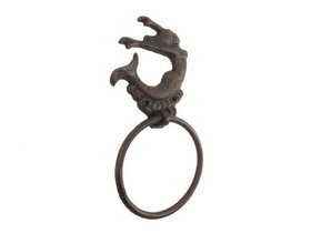 Handcrafted Model Ships K-9046-MER-rc Rustic Copper Cast Iron Decorative Arching Mermaid Towel Holder 9"