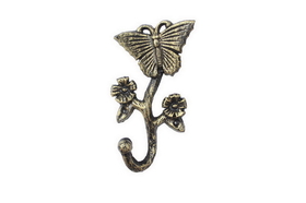 Handcrafted Model Ships K-9049-L-Gold Rustic Gold Cast Iron Butterfly With Flowers Hook 5"