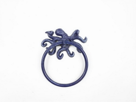 Handcrafted Model Ships K-9050-OCT-Solid-Dark-Blue Rustic Dark Blue Cast Iron Octopus Towel Holder 6"