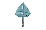 Handcrafted Model Ships K-9052-BOAT-Dark-Blue Rustic Dark Blue Whitewashed Cast Iron Sailboat Wall Hook 7