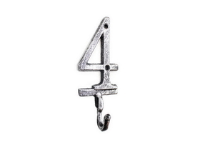 Handcrafted Model Ships K-9055-4-Silver Rustic Silver Cast Iron Number 4 Wall Hook 6"