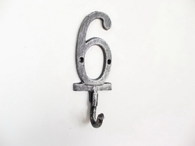 Handcrafted Model Ships K-9055-6-Silver Rustic Silver Cast Iron Number 6 Wall Hook 6"